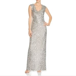 Adrianna Papell Silver Beaded Cowl Neck Formal Dress